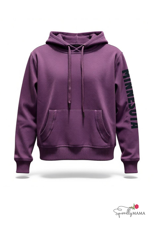 Purple hoodie with text on sleeve against a white background