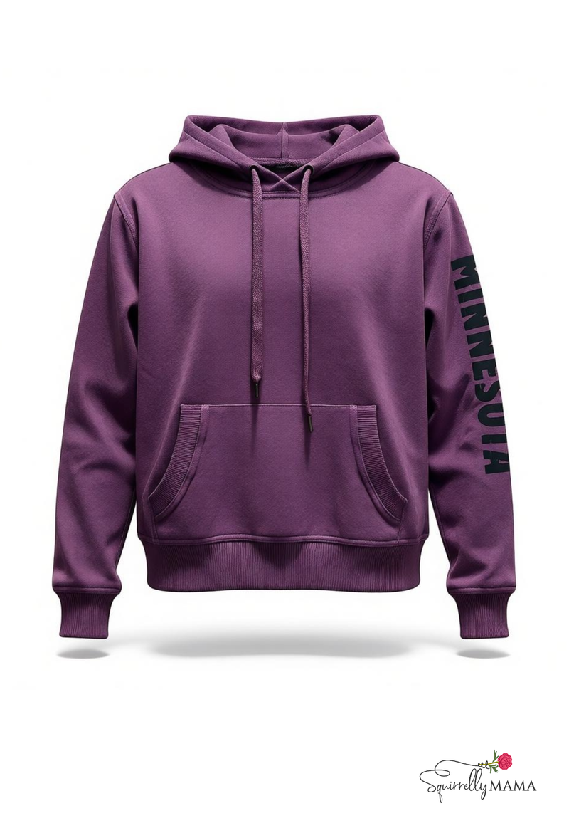 Purple hoodie with text on sleeve against a white background
