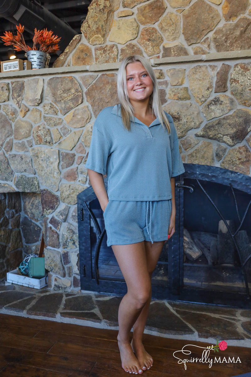 Dusty Blue soft ribbed loungewear set for women