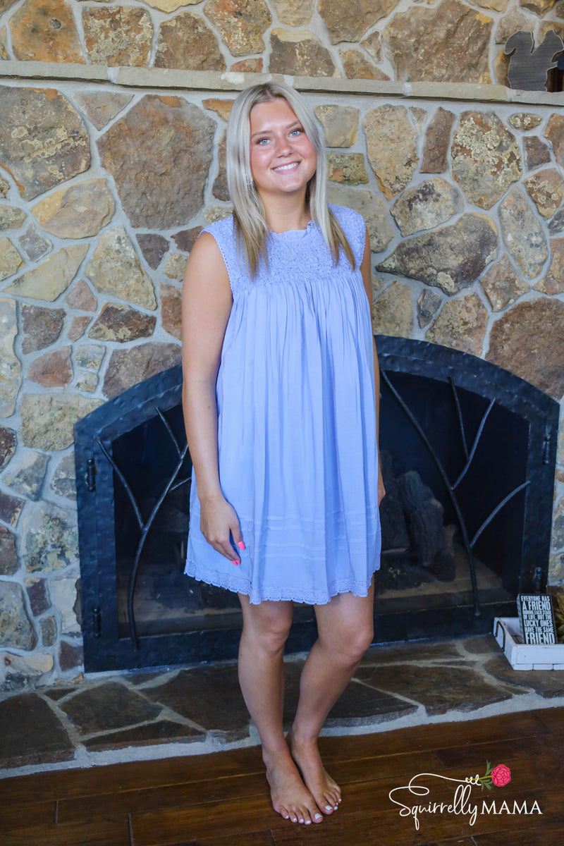 Periwinkle baby doll dress for women and juniors with subtle details
