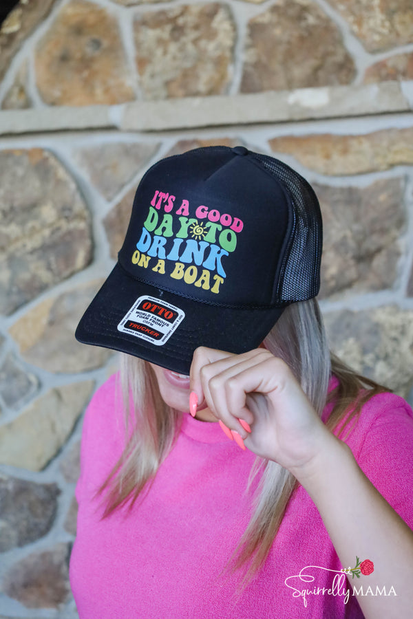 Drink on a Boat DTF Printed Black Trucker Hat