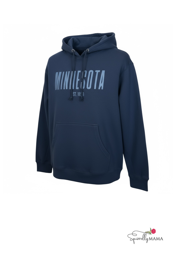 deep navy hooded sweatshirt with gray text that reads Minnesota in a striking font