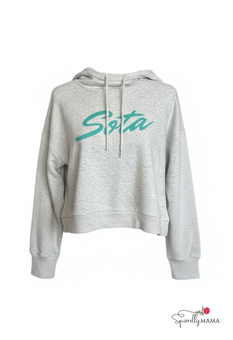 Gray cowl style hoodie with 'Sota' text in teal on a white background