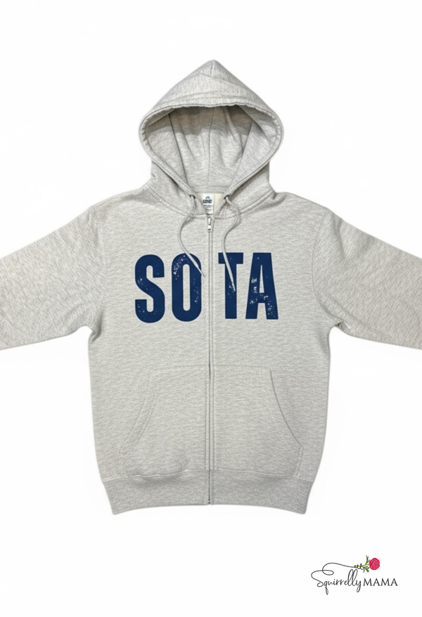 Gray hoodie with 'SOTA' printed in blue on a white background