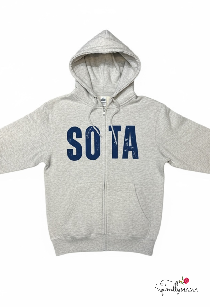 Gray hoodie with 'SOTA' printed in blue on a white background