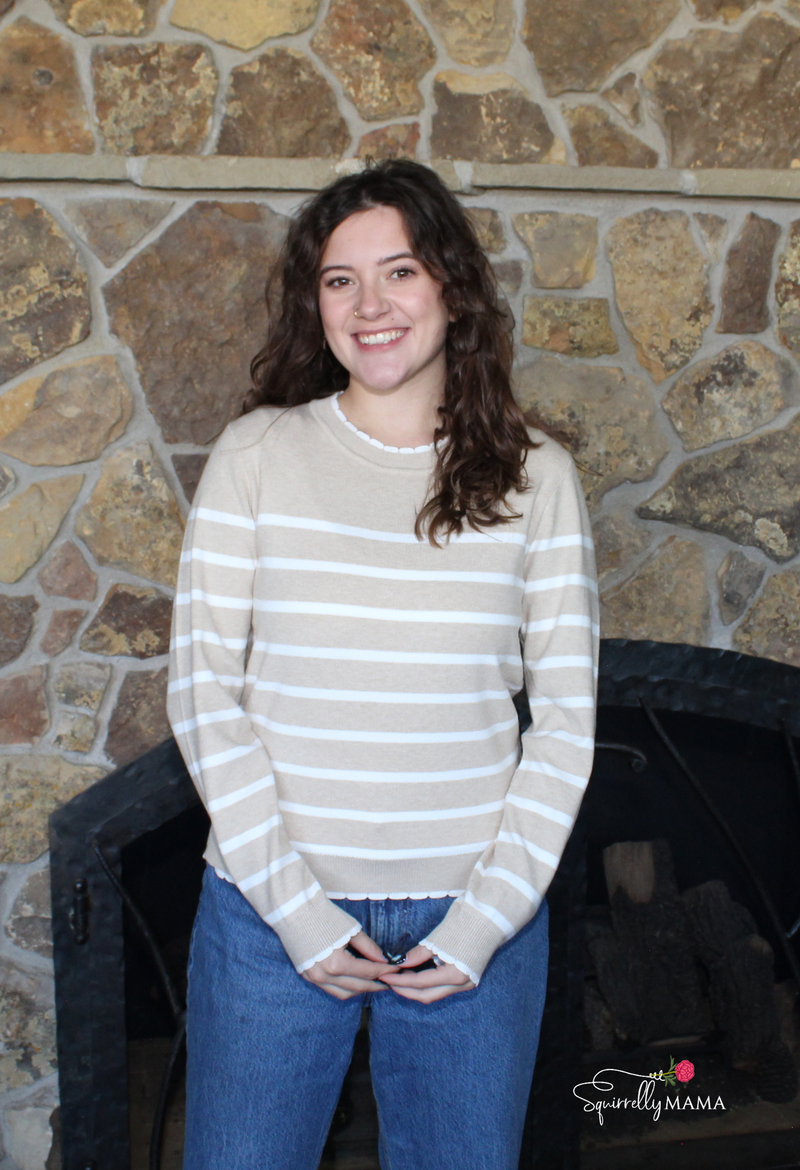 Mallory Round Neck Stripe Scallop Sweater