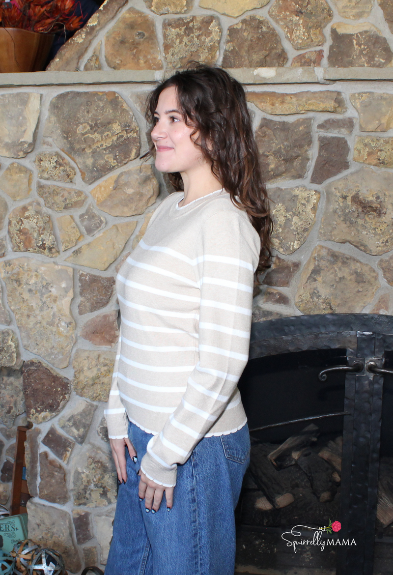 Mallory Round Neck Stripe Scallop Sweater