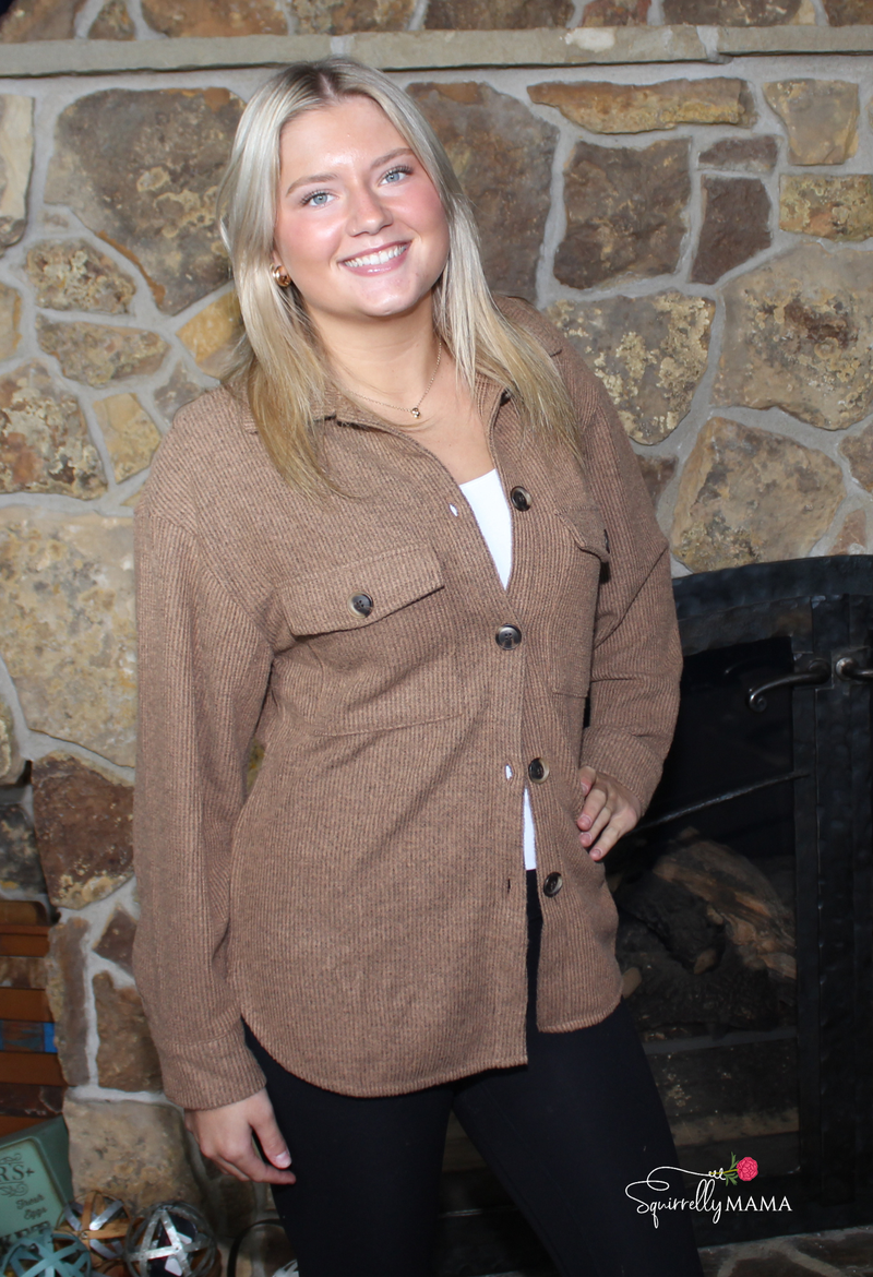 Button Down Brushed Waffle Shacket-Multiple