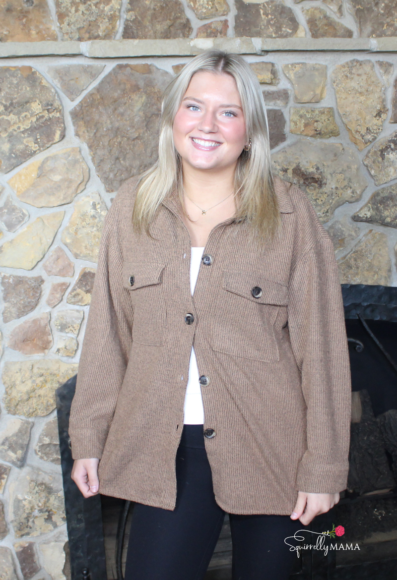 Button Down Brushed Waffle Shacket-Multiple