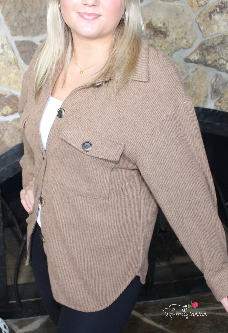 Button Down Brushed Waffle Shacket-Multiple