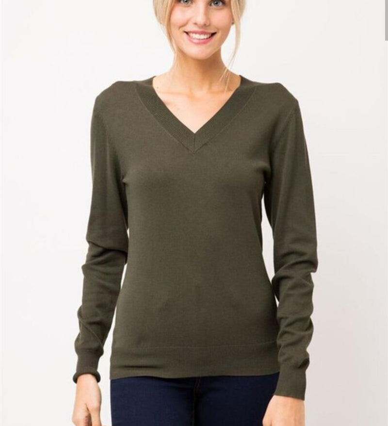 V-Neck Knit Sweater- Olive