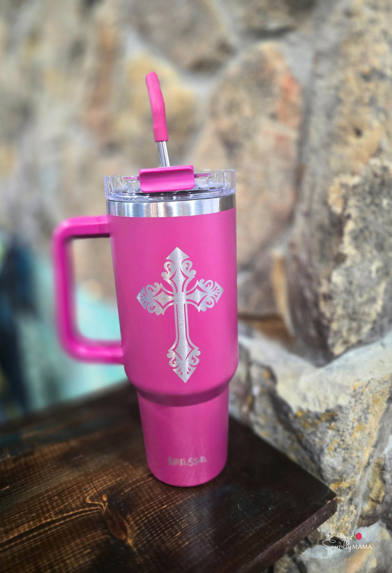 40 oz Stainless Steel Mug With Straw Filigree Cross: Pink