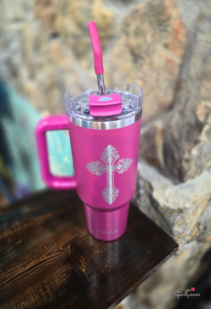 40 oz Stainless Steel Mug With Straw Filigree Cross: Pink