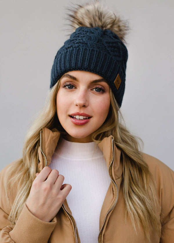 Steel Blue Cable Knit Pom Hat