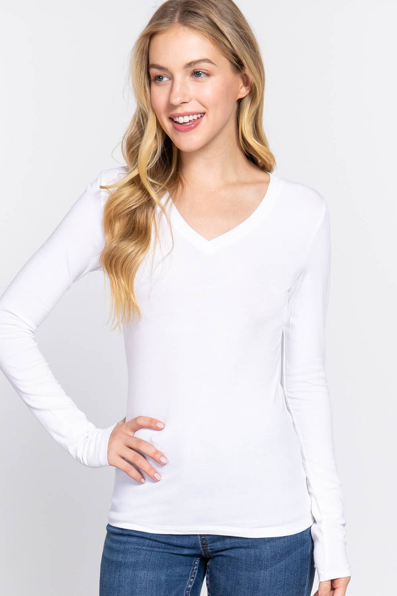 Basic Solid Long Sleeve V Neck Top- White