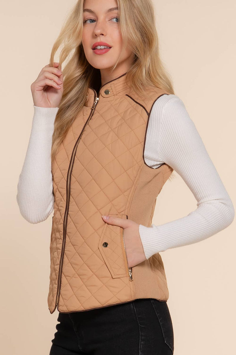 Suede Piping Detail Rib Quilted Padding Vest