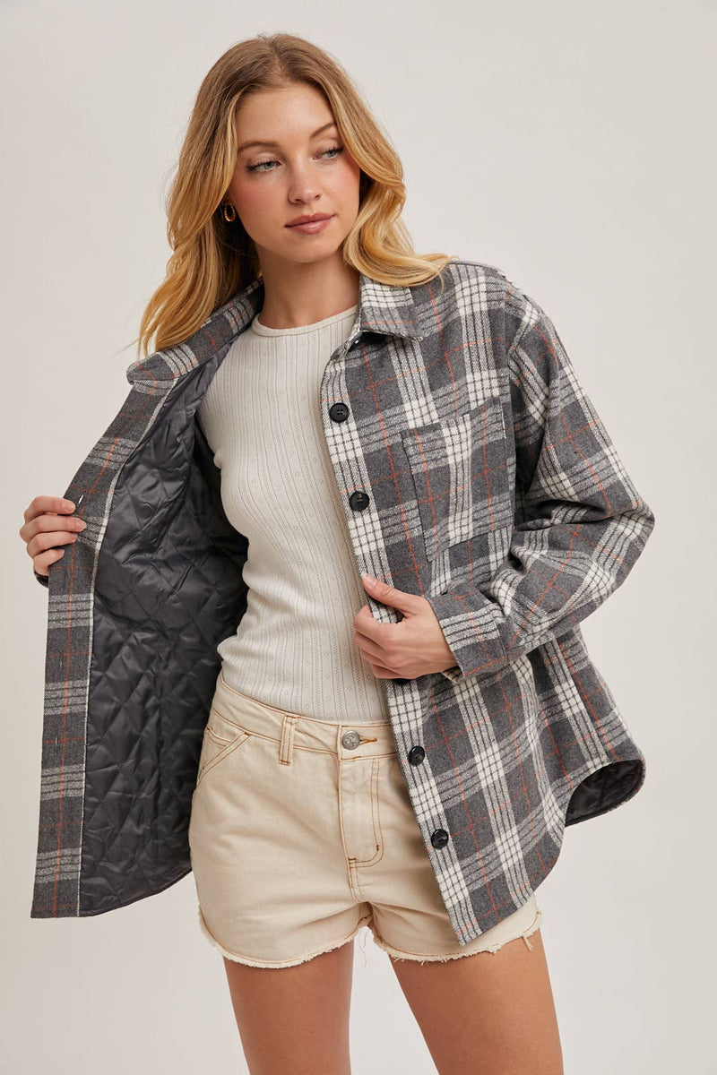 BUTTON DOWN SHIRT INNER QUILTED PLAID SHACKET
