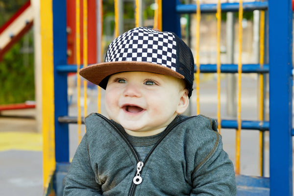 Flat Brim Trucker Hat - Checker/Faux Leather Brim: Medium/Large (2-9 Years)