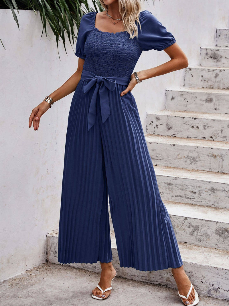 Smocked Pleated Belted Jumpsuit