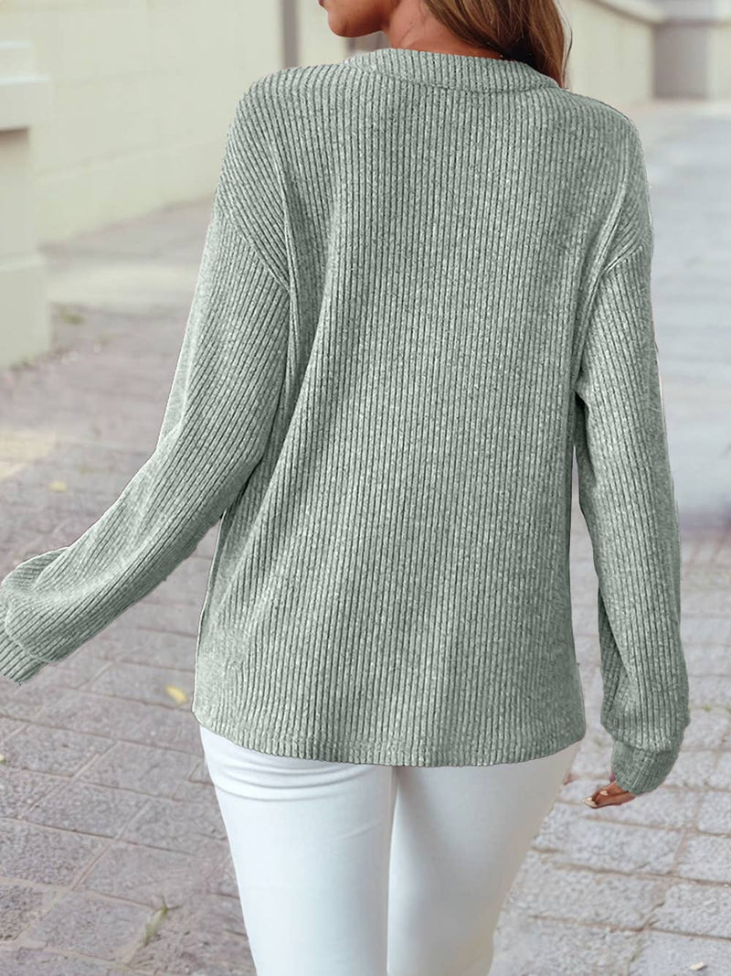 Ribbed Texture Drop Shoulder Henley Knit Top