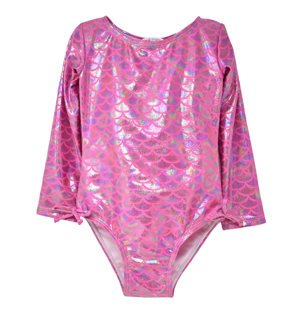Girls UPF50+ Charlie Long Sleeve Rash Guard Swimsuit: Shiny Pink Scales / Multiple Sizes
