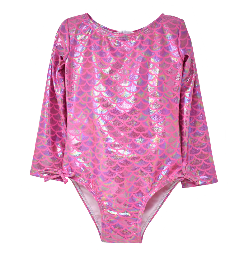 Girls UPF50+ Charlie Long Sleeve Rash Guard Swimsuit: Shiny Pink Scales / Multiple Sizes