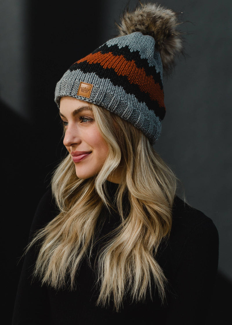 Gray, Charcoal & Rust Patterned Pom Hat