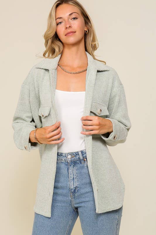 Button Down Brushed Waffle Shacket-Multiple