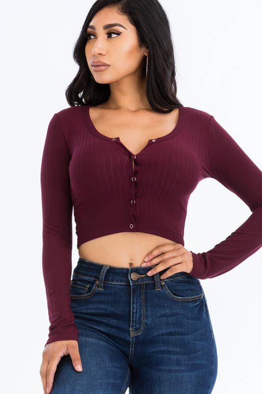 Button Up Ribbed Crop Top: BLACK