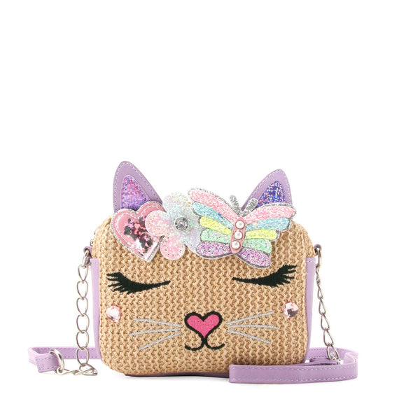 Kitty Cat Straw Crossbody Bag Purple