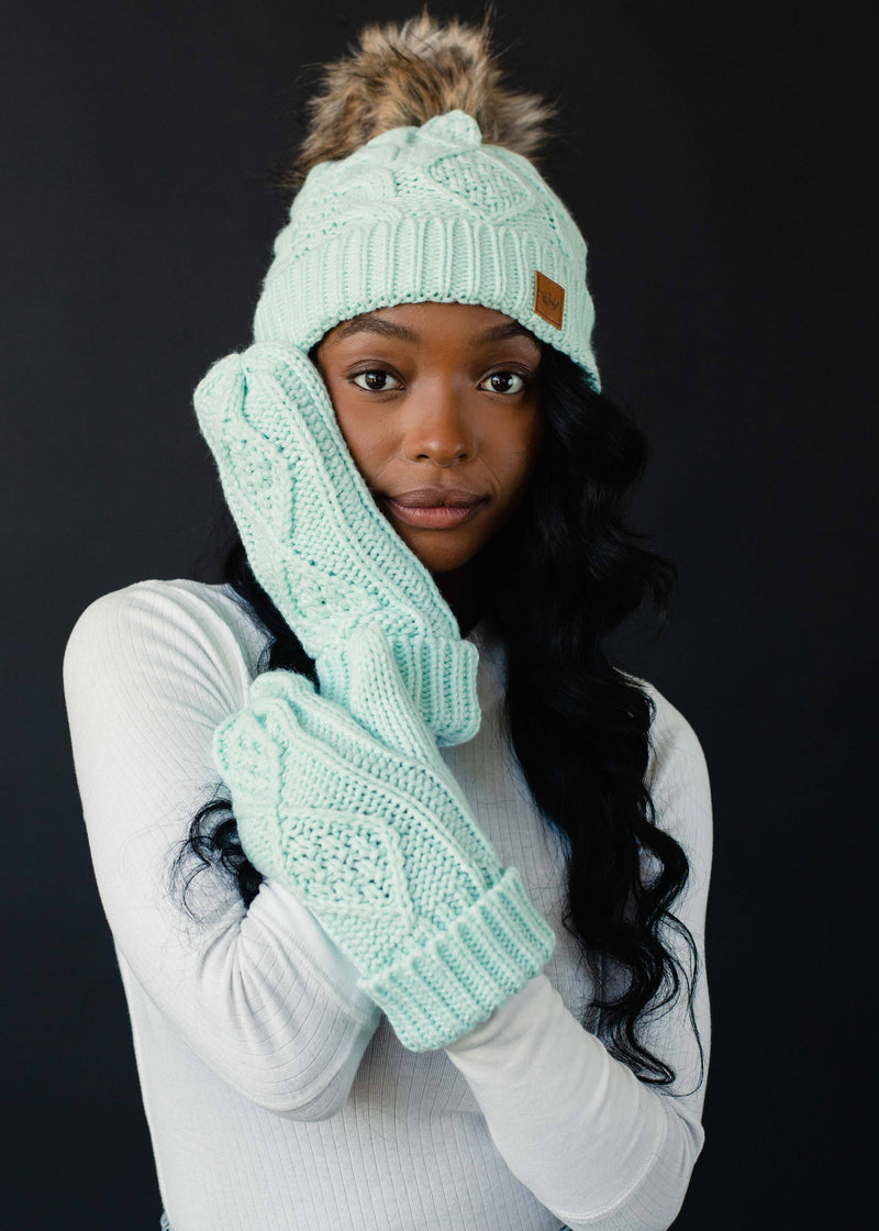 Yoith Mint Cable Knit Pom Hat