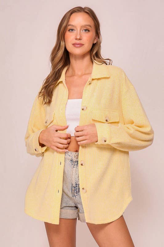 Button Down Brushed Waffle Shacket-Multiple