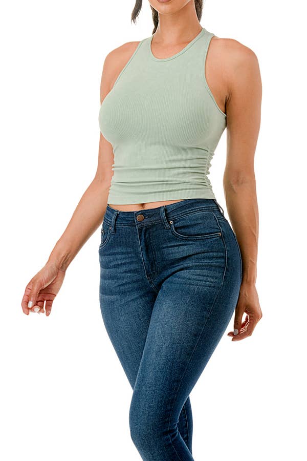 Seamless mineral washed tank top with side shirred style : Green
