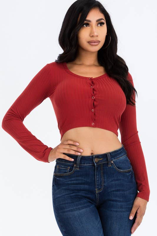 Button Up Ribbed Crop Top: Rust
