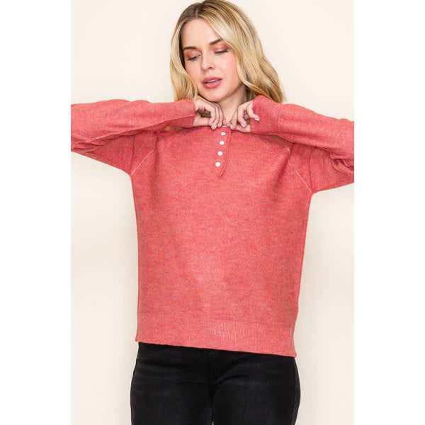 HENLEY BUTTON NECK PULLOVER SWEATER