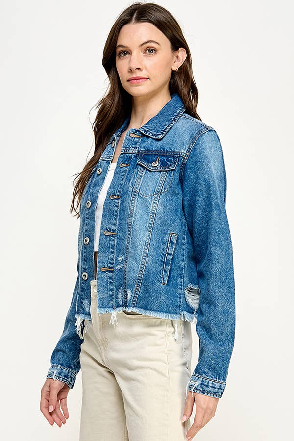 Ladies'  Cropcut Denim Jacket with Distressed