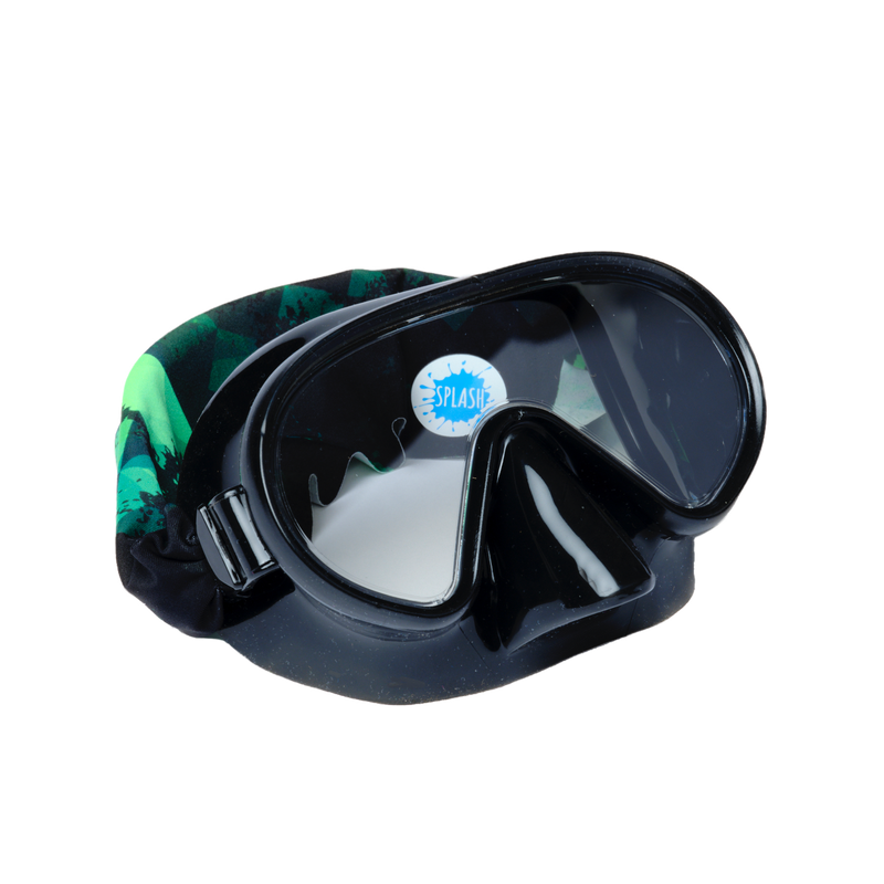 Black diving mask with green camouflage pattern on a white background