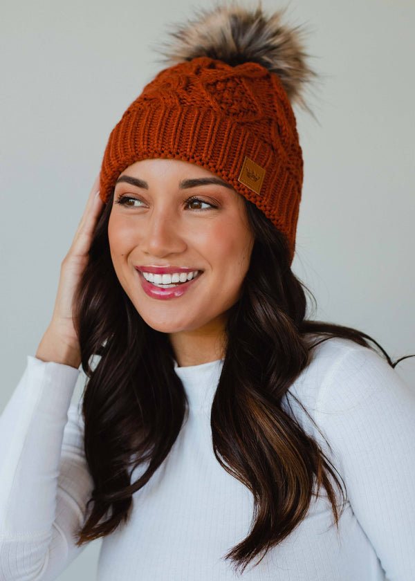 Rust Cable Knit Pom Hat