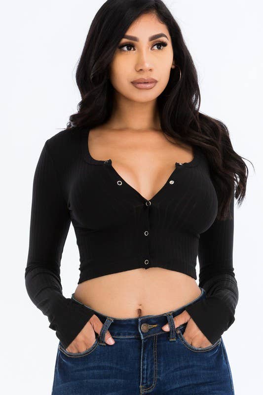 Button Up Ribbed Crop Top: BLACK