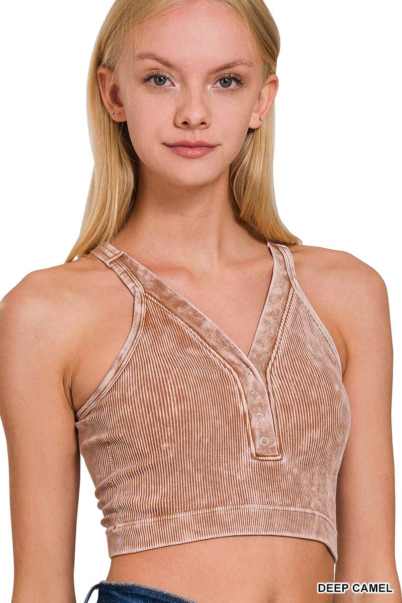 Washed Ribbed Cropped Button V-neck Tank Top- Multiple Colors