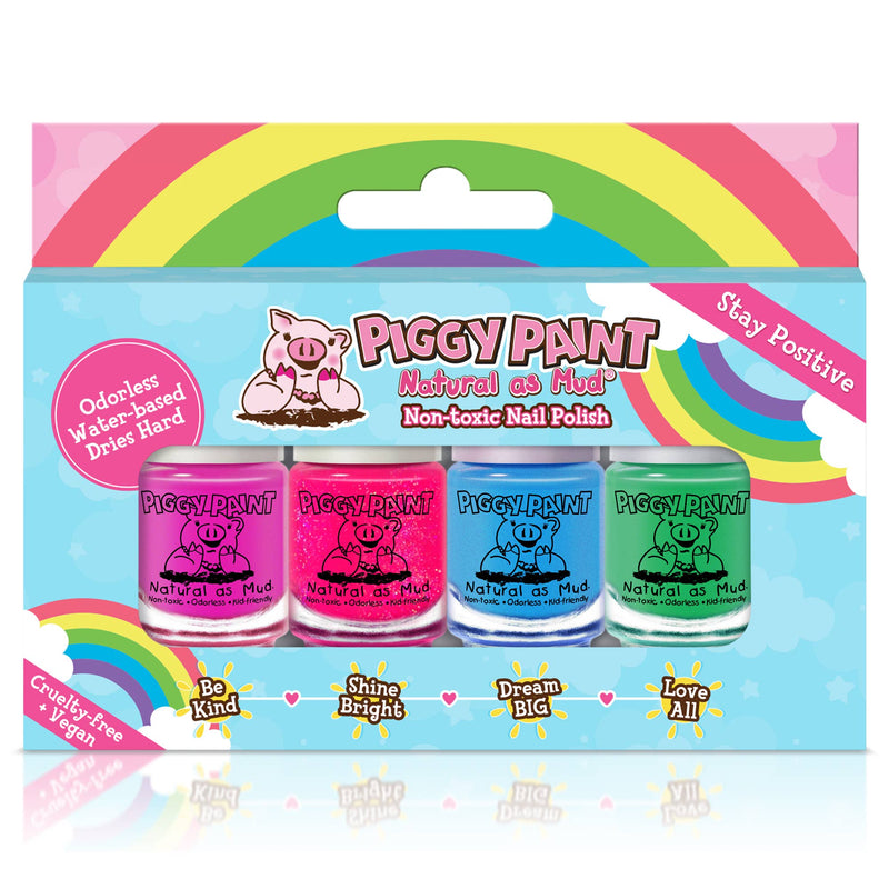 Piggy Paint nail polish set packaging with four bottles on a colorful background