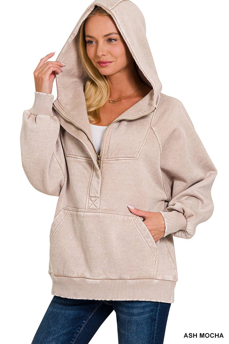 Acid Wash Fleece Oversized 1/4 Zip Kangaroo Hoodie: Multiple colors