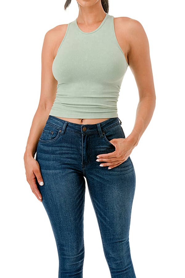 Seamless mineral washed tank top with side shirred style : Green
