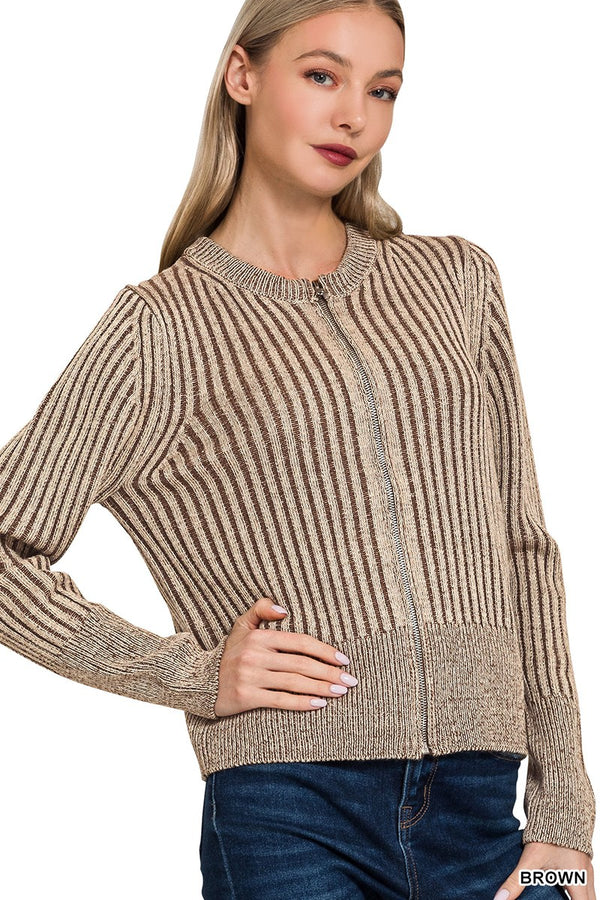 Two Tone Zip Sweater - Brown