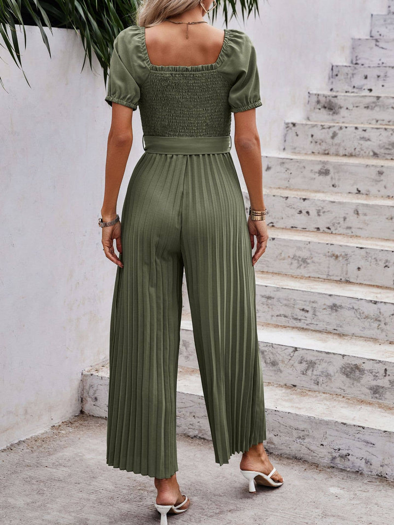 Smocked Pleated Belted Jumpsuit