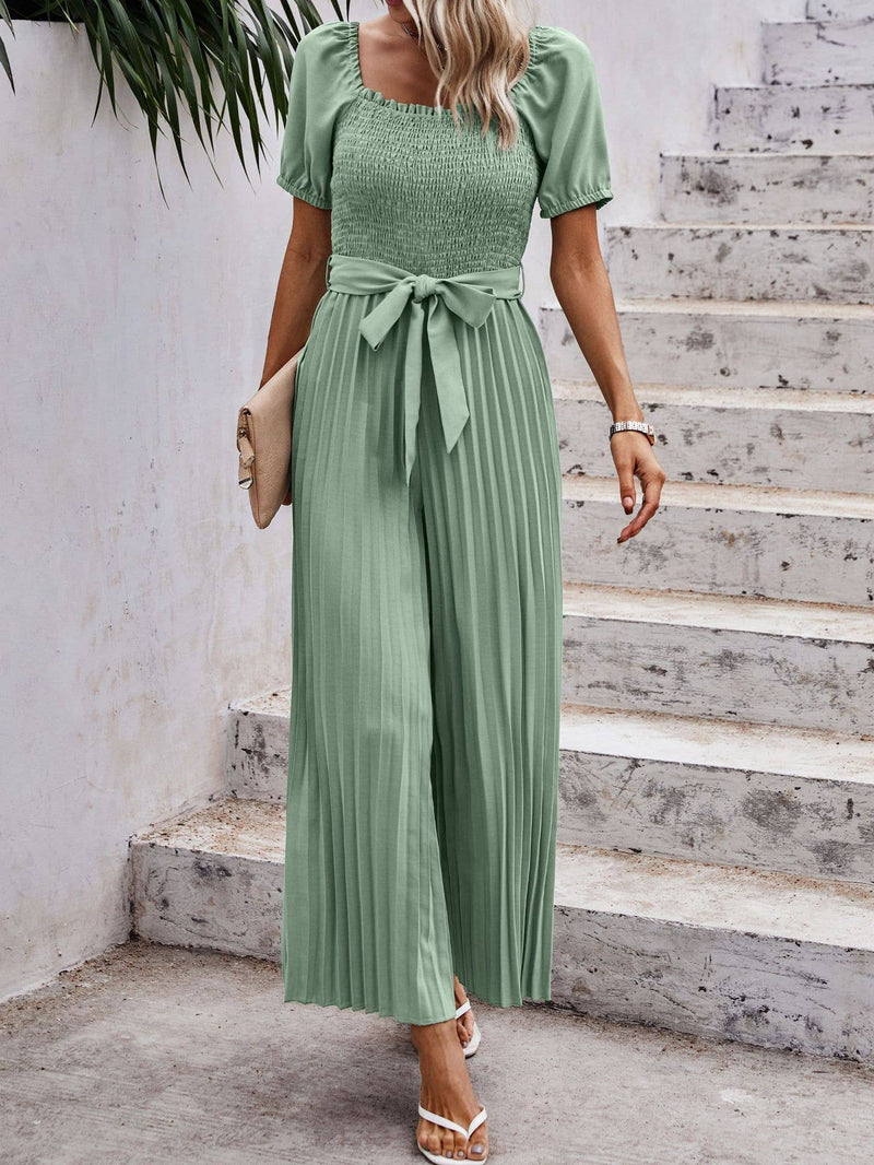 Smocked Pleated Belted Jumpsuit