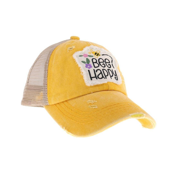 KIDS Embroidered Bee HappyHat: Yellow
