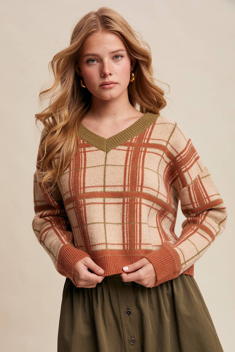 Plaid V-Neck Knit Sweater