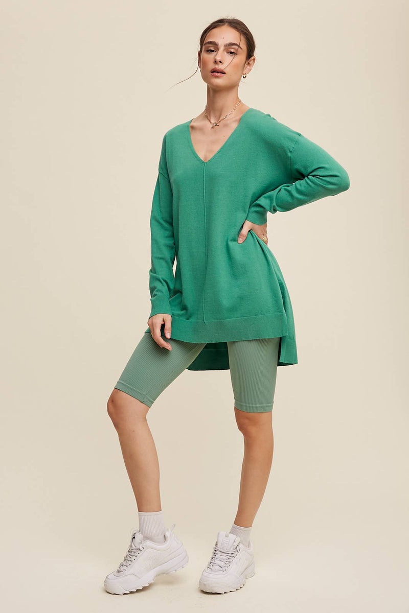 Slit Hem V-Neck Knit Tunic Sweater