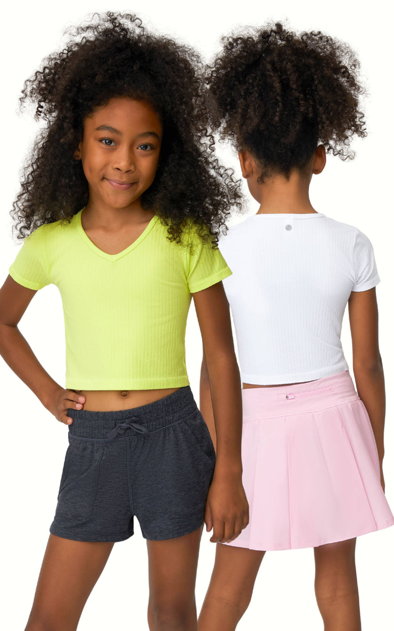 Girls Rib Seamless V-Neck Cropped T- Multiple Colors